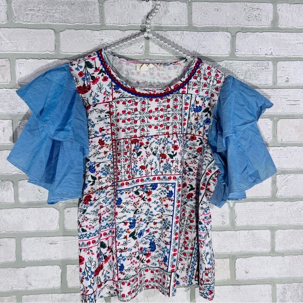 Anthropologie Let Me Be Floral Chambray Ruffle Flutter Sleeve Top Size S - Picture 5 of 10